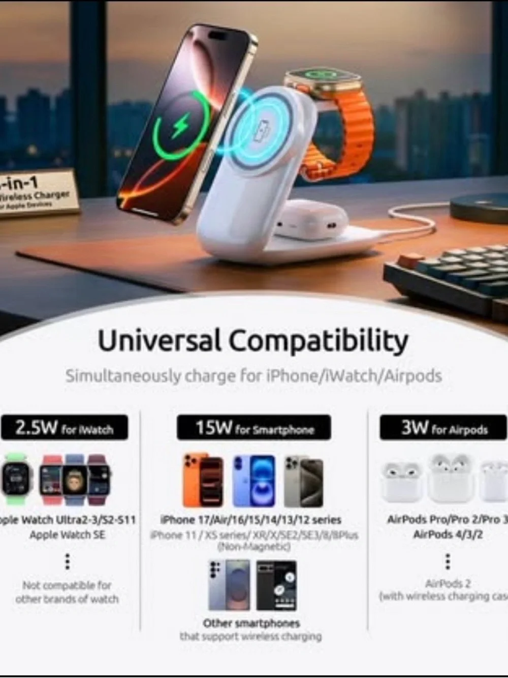 NEW - 3-in-1 Wireless Charging Station for iphone,Foldable Magnetic Stand